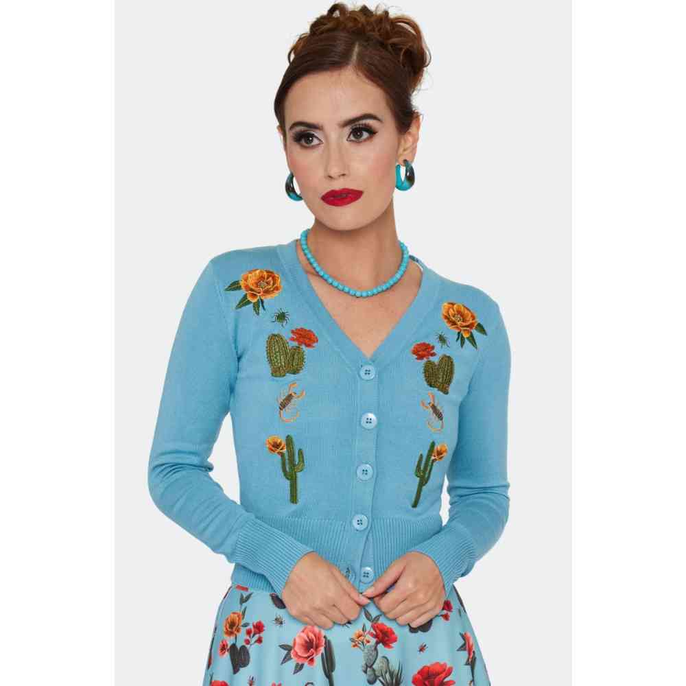 Voodoo Vixen - Desert Floral Cactus Embroidery Cardigan - Blauw